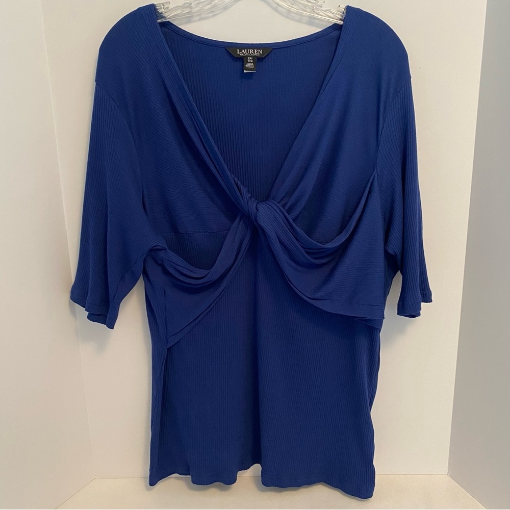 Lauren by Ralph Lauren Women's Front Twist Short Sleeve Ribbed Top Blue Size 2X